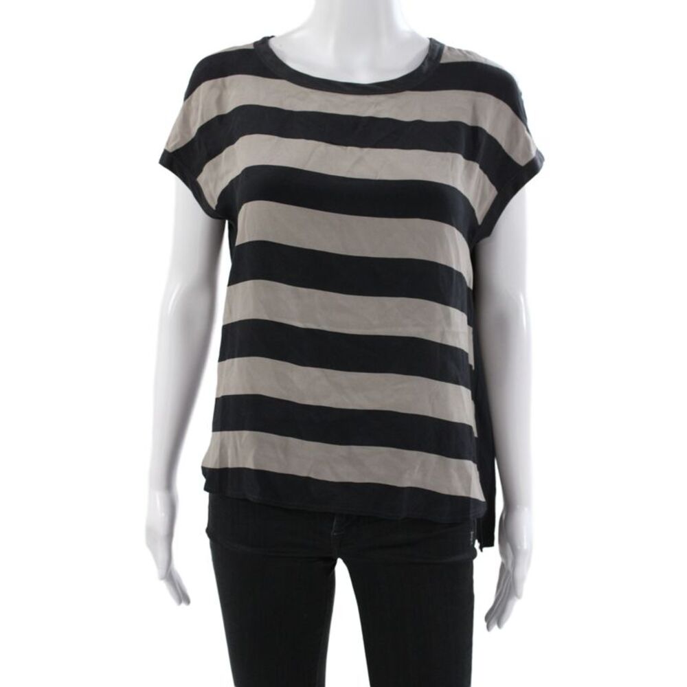 Luisa Cerano Womens Beige Striped Silk T-Shirt Round Neck Sleeveless Size 8